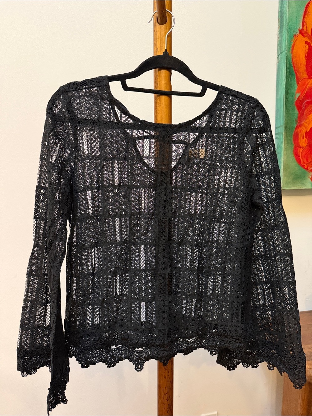 Altar'd State Black Crochet Lace Long Bell Sleeve Top M
